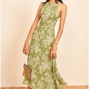 Reformation Harleen Green Floral Midi Dress with open